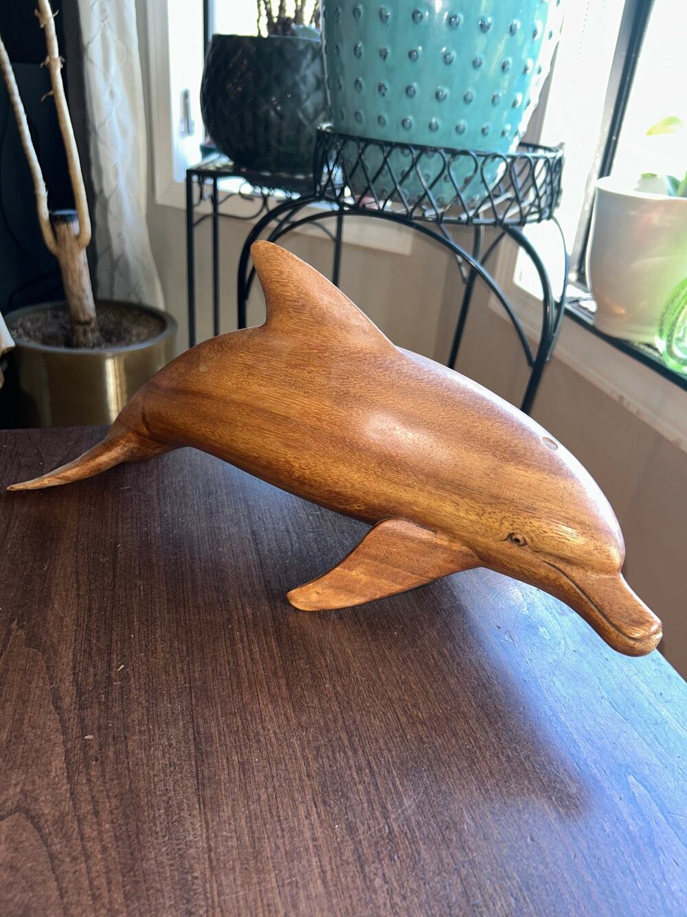 Vintage Hand Carved Wood Wooden 15" Dolphin Figurine Beach Ocean Decor
